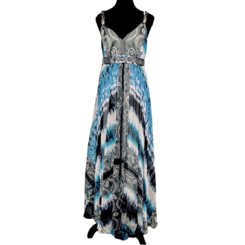 White House Black Market Maxi Dress 2 Blue & Black Sun Summer Boho Beaded XS